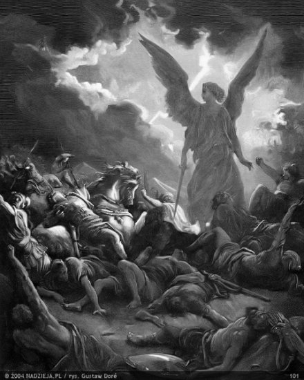 Grafiki Gustawa Dor do Biblii Jakuba Wujka - 101 Anioł Pański pobija wojsko Assyryjczyków 4 Król. 17,25.jpg